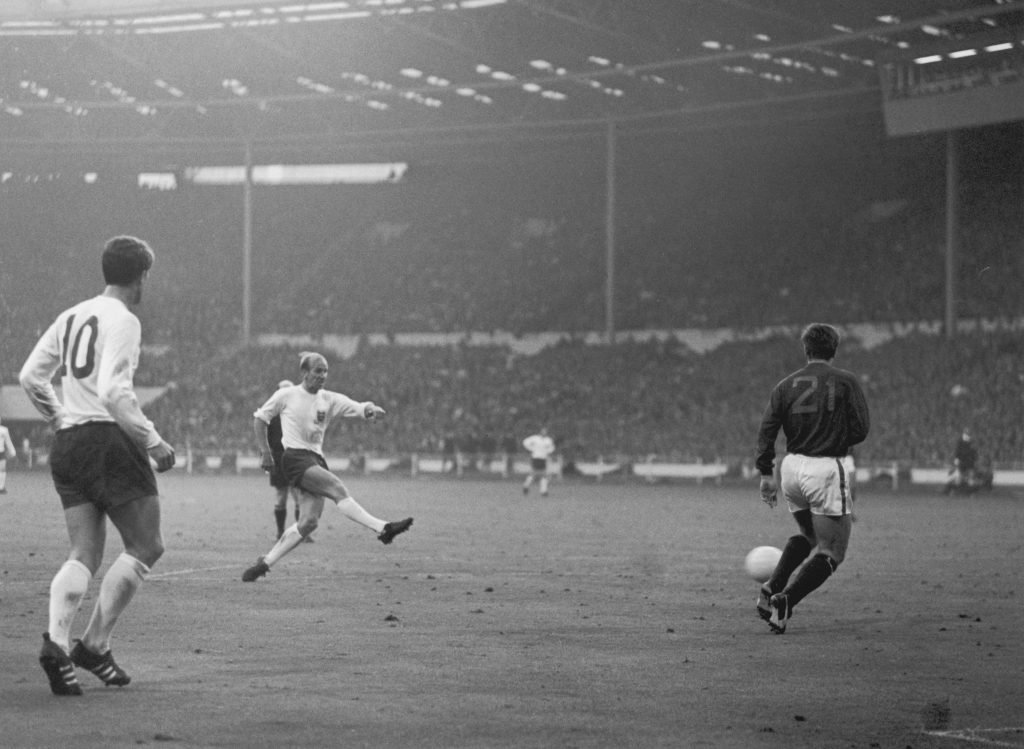 Bobby Charlton scoring in 1966