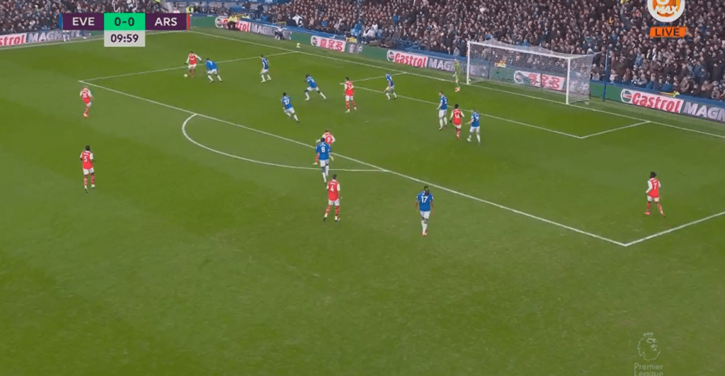 Everton showcasing the philosophy of 'Protecting the V' against Arsenal