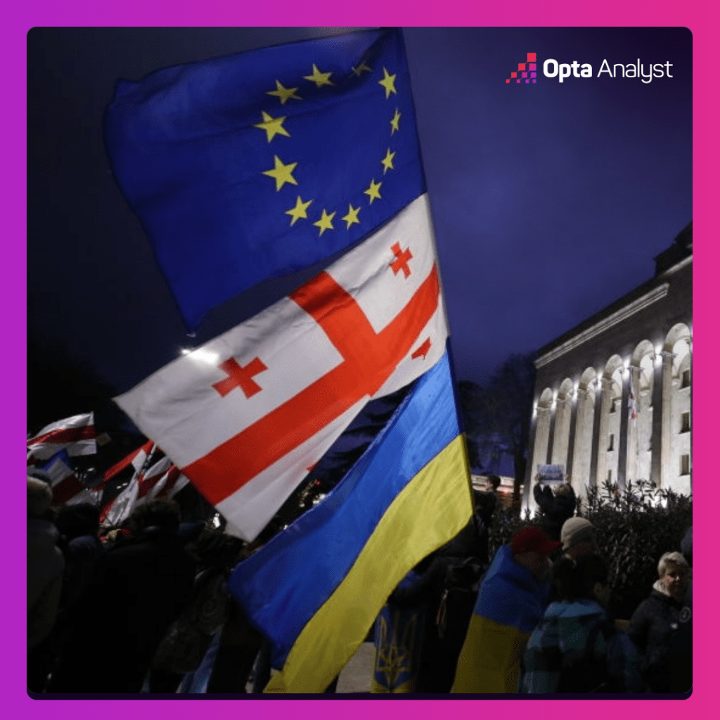 Protestors in Tbilisi wave a pole adorned with the flags of Georgia Ukraine and the EU