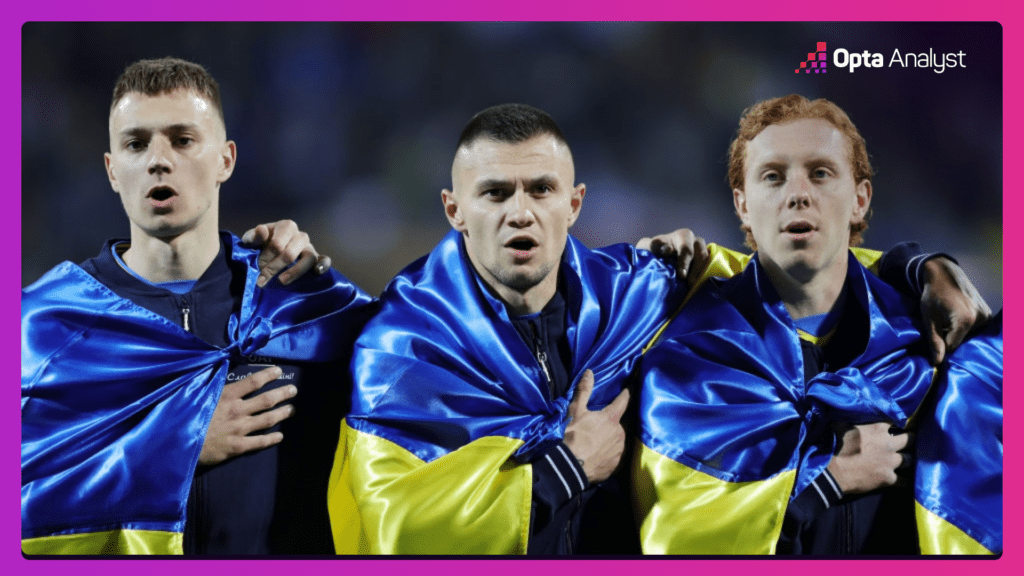 Ukraine players sing their national anthem while draped in the country's flag